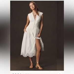 Anthropologie:Tommie Cap Slv Smocked Front Zip Shirt Dress Eyelet Trim Edition